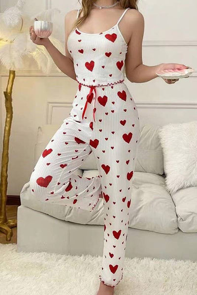 Valentines Heart Print Cami Pajama Lounge Set: WhiteB / L