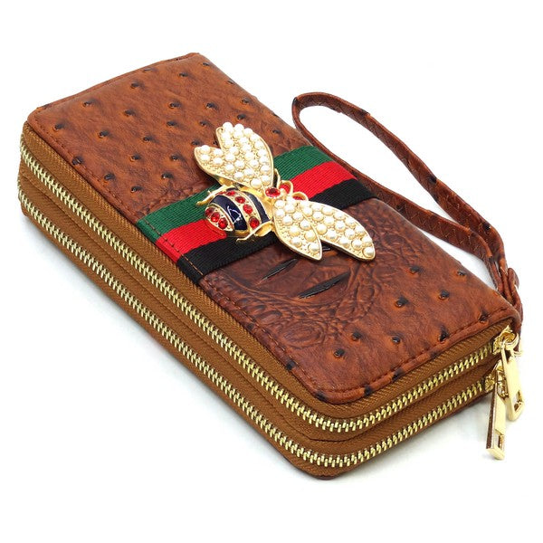 Queen Bee Stripe Ostrich Double Zip Around Wallet