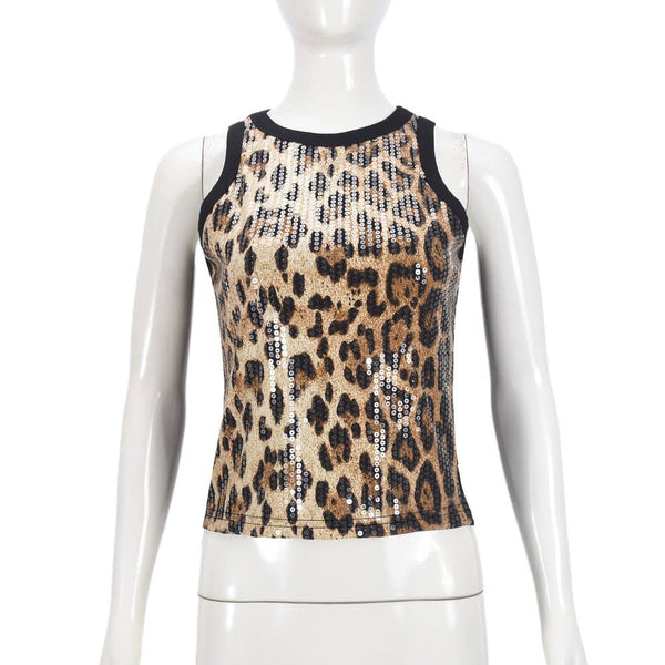 Party vest leopard print sequin tank top: Pink / M