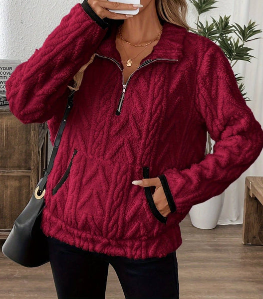 Pocket texture zip-up teddy sweatshirt: Darkgray / 2XL