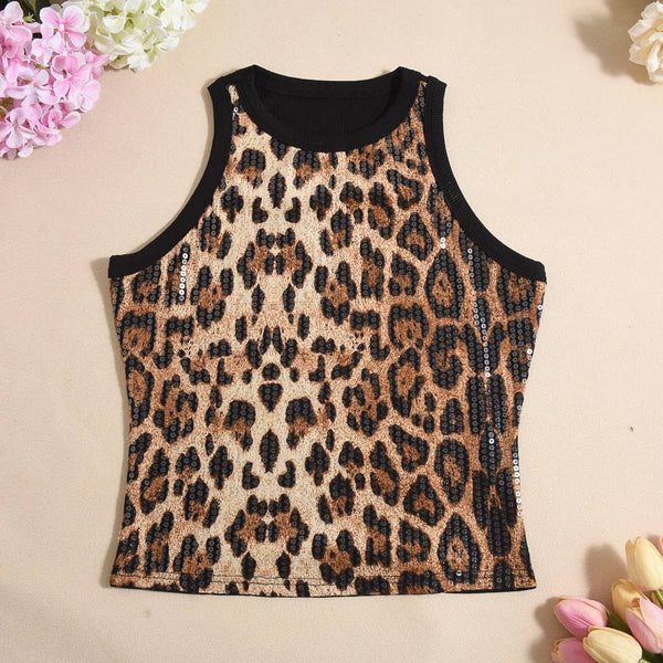 Party vest leopard print sequin tank top: Pink / M