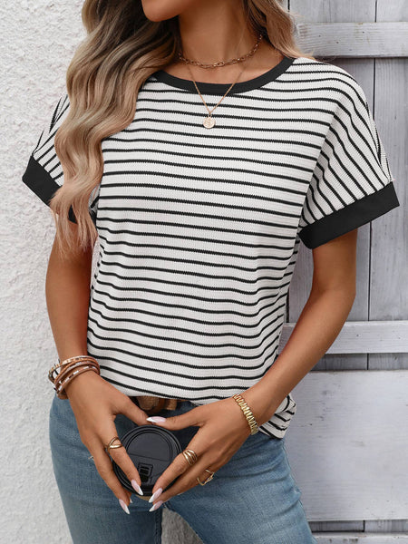 Stripe Contrast Crew Neck Knit T-Shirt: Pink / S