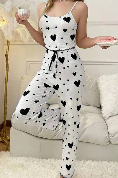 Valentines Red Heart Print cami pajama Lounge Set: WhiteB / M