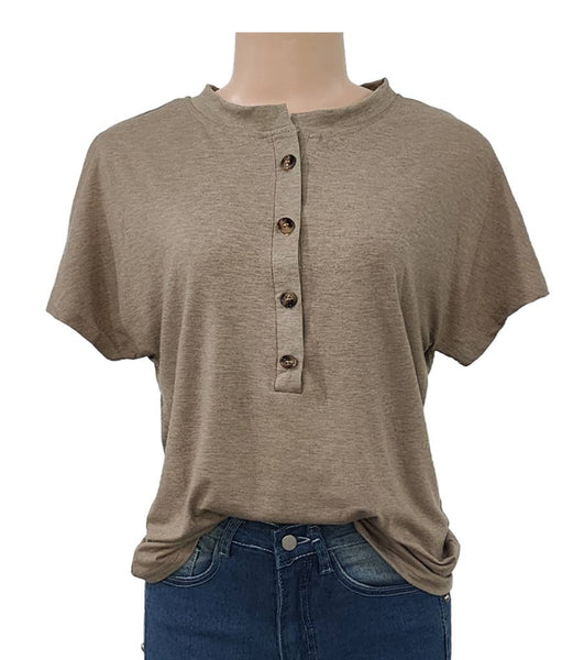 Crewneck Button Front Short Sleeve Shirt: Black / M