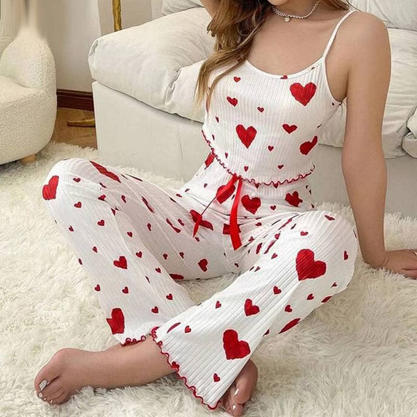 Valentines Red Heart Print cami pajama Lounge Set: WhiteB / XL