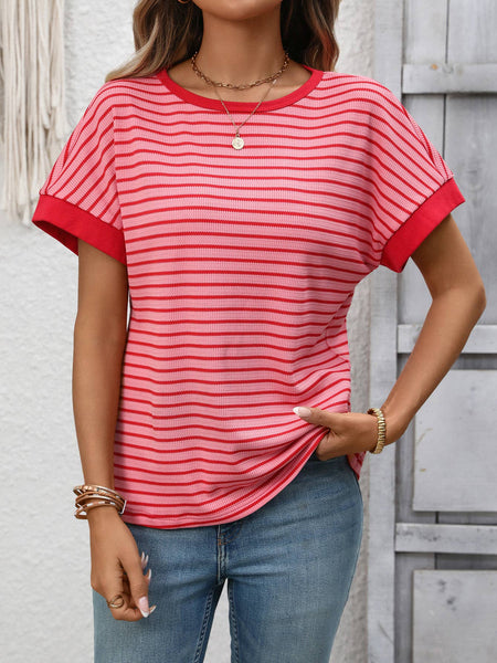 Stripe Contrast Crew Neck Knit T-Shirt: Pink / S