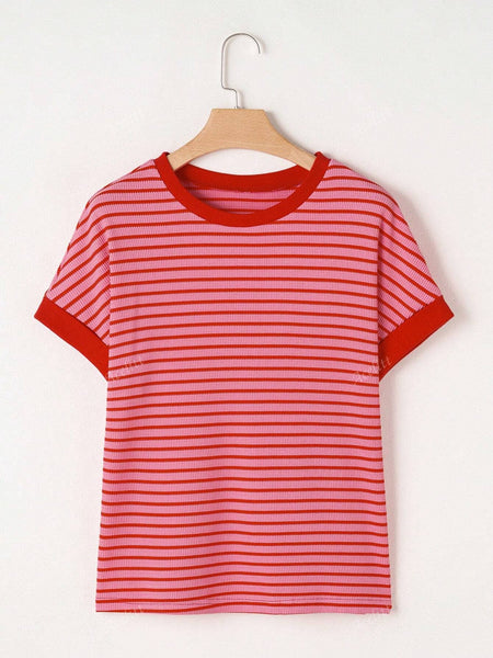 Stripe Contrast Crew Neck Knit T-Shirt: Pink / M