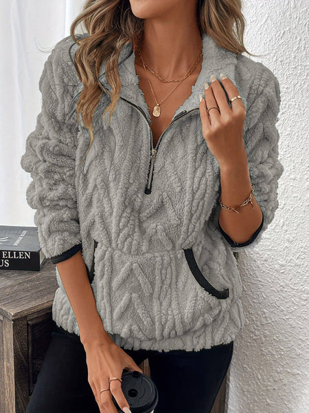 Pocket texture zip-up teddy sweatshirt: Darkgray / XL
