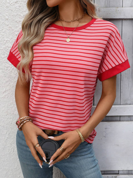 Stripe Contrast Crew Neck Knit T-Shirt: Pink / M