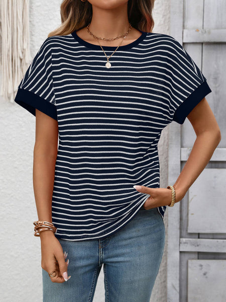 Stripe Contrast Crew Neck Knit T-Shirt: Pink / 2XL