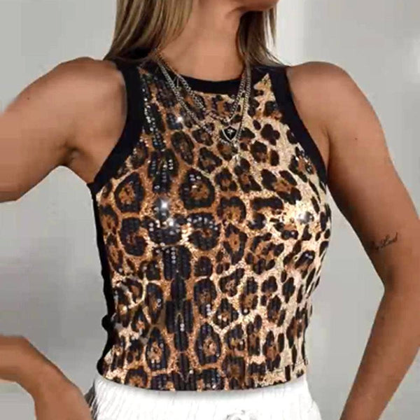 Party vest leopard print sequin tank top: Pink / M