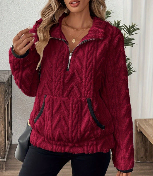 Pocket texture zip-up teddy sweatshirt: Darkgray / 2XL