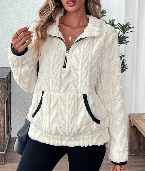 Pocket texture zip-up teddy sweatshirt: Darkgray / 2XL