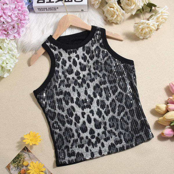 Party vest leopard print sequin tank top: Pink / M