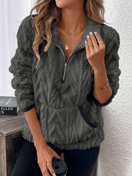 Pocket texture zip-up teddy sweatshirt: Darkgray / 2XL