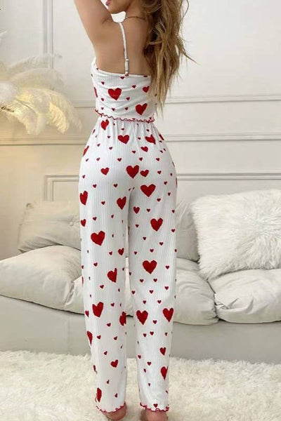 Valentines Red Heart Print cami pajama Lounge Set: WhiteB / S