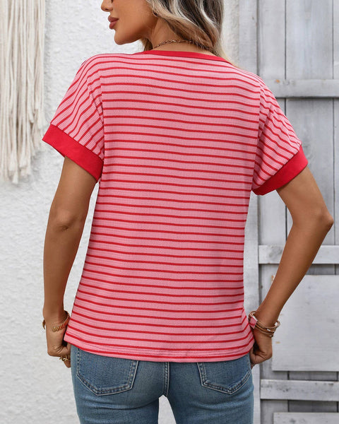 Stripe Contrast Crew Neck Knit T-Shirt: Pink / L